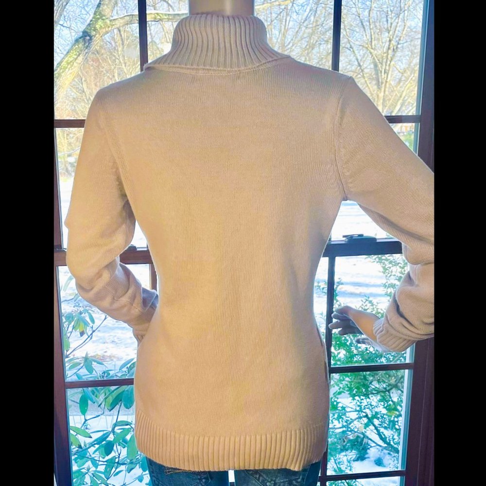 ▪️LIZ CLAIBORNE▪️Tan & White Cotton Argyle Cowl Neck Sweater - Picture 2 of 6